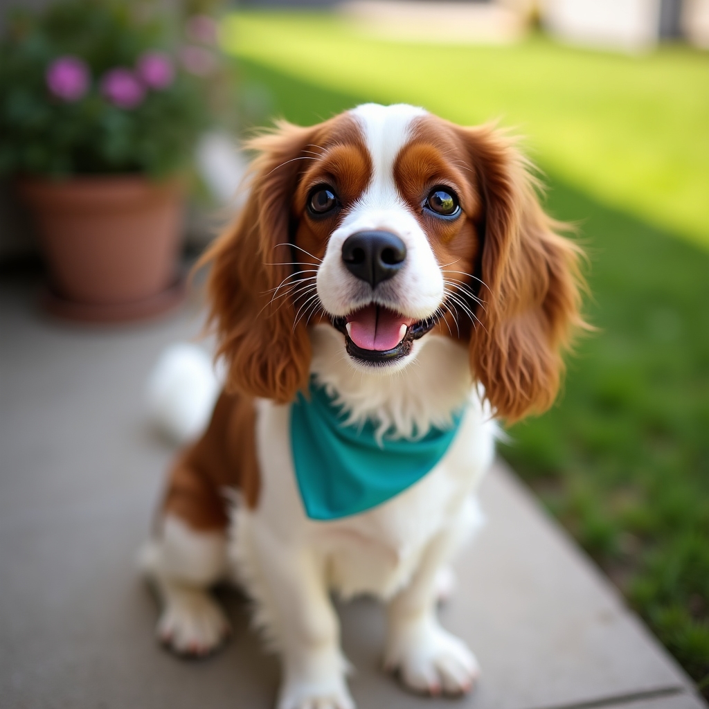 Happy, well-groomed dog sitting outside after a mobile grooming session