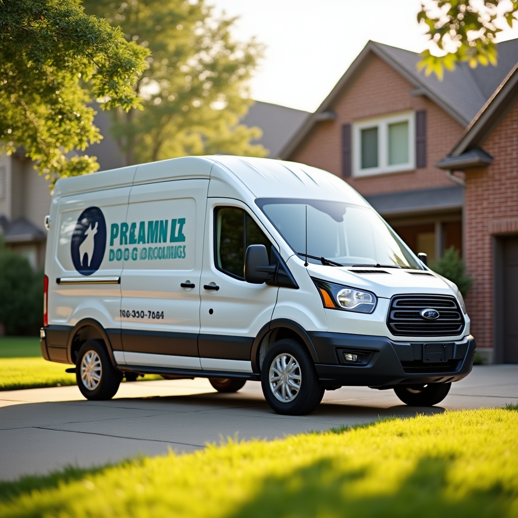 Mobile grooming van parked in a residential driveway in Cincinnati