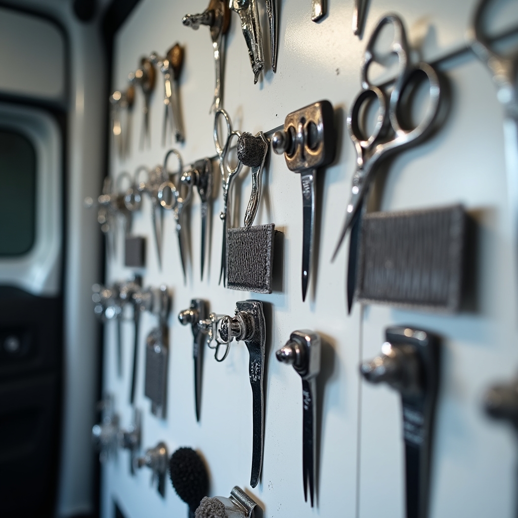 Close-up of professional grooming tools arranged inside the mobile van